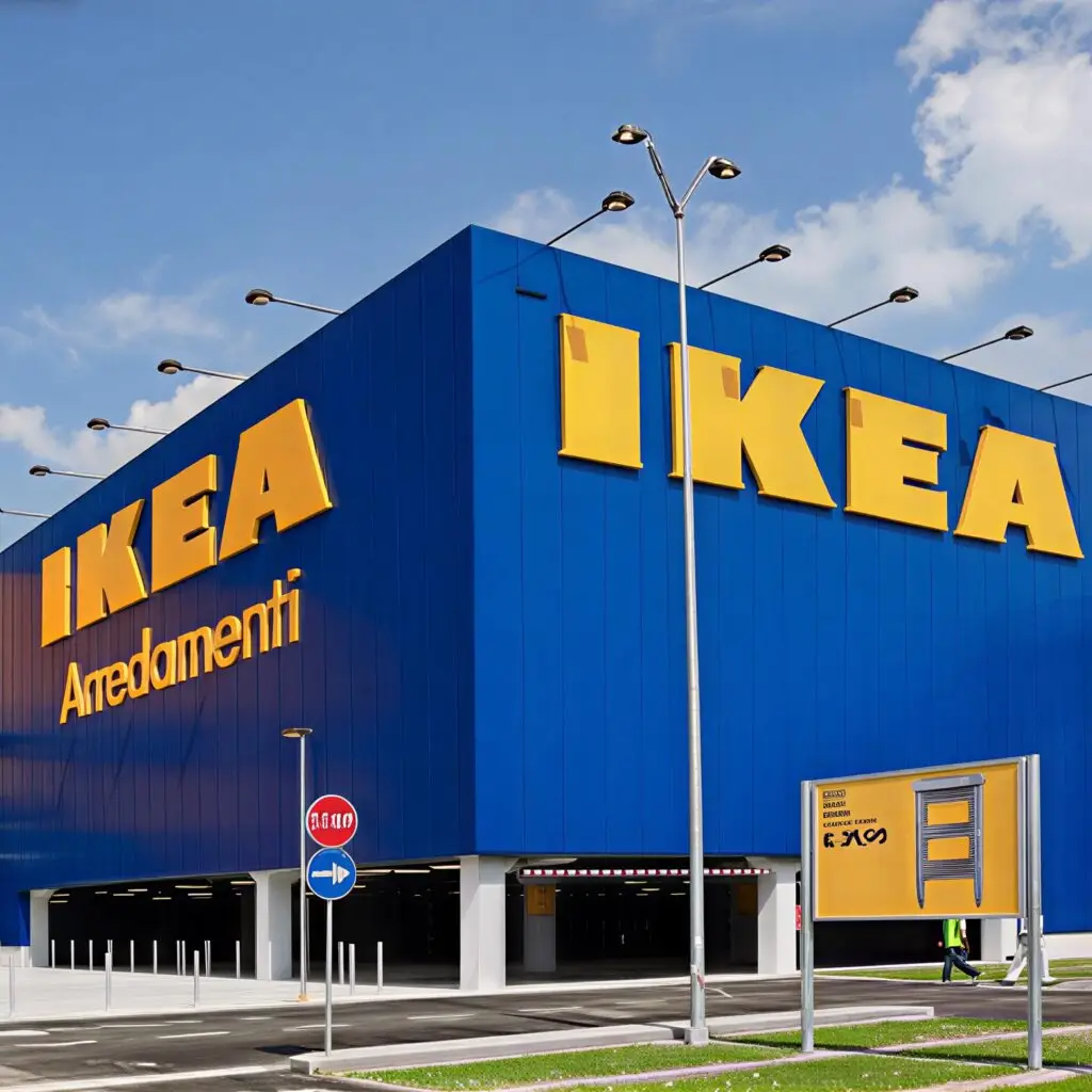 Esterno di un grande negozio IKEA sotto un cielo azzurro.